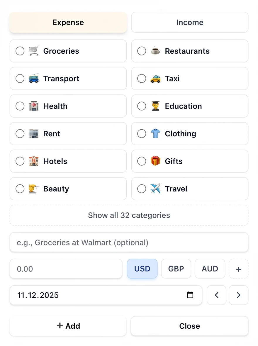 Quick transaction entry with emoji categories